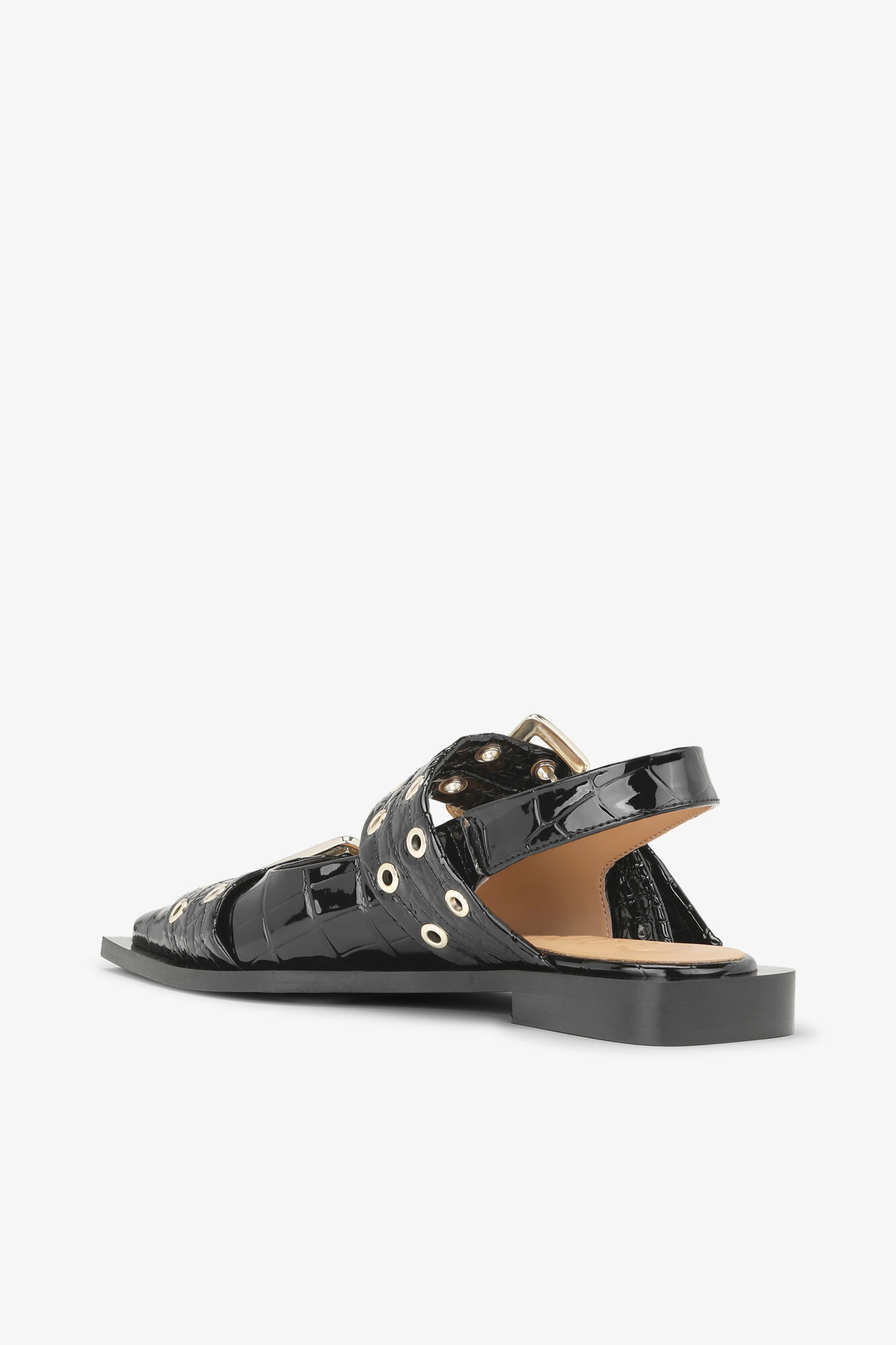 Feminine ballerinaer med spænde i sort croco, Recycled Leather, in colour Black - 3 - GANNI