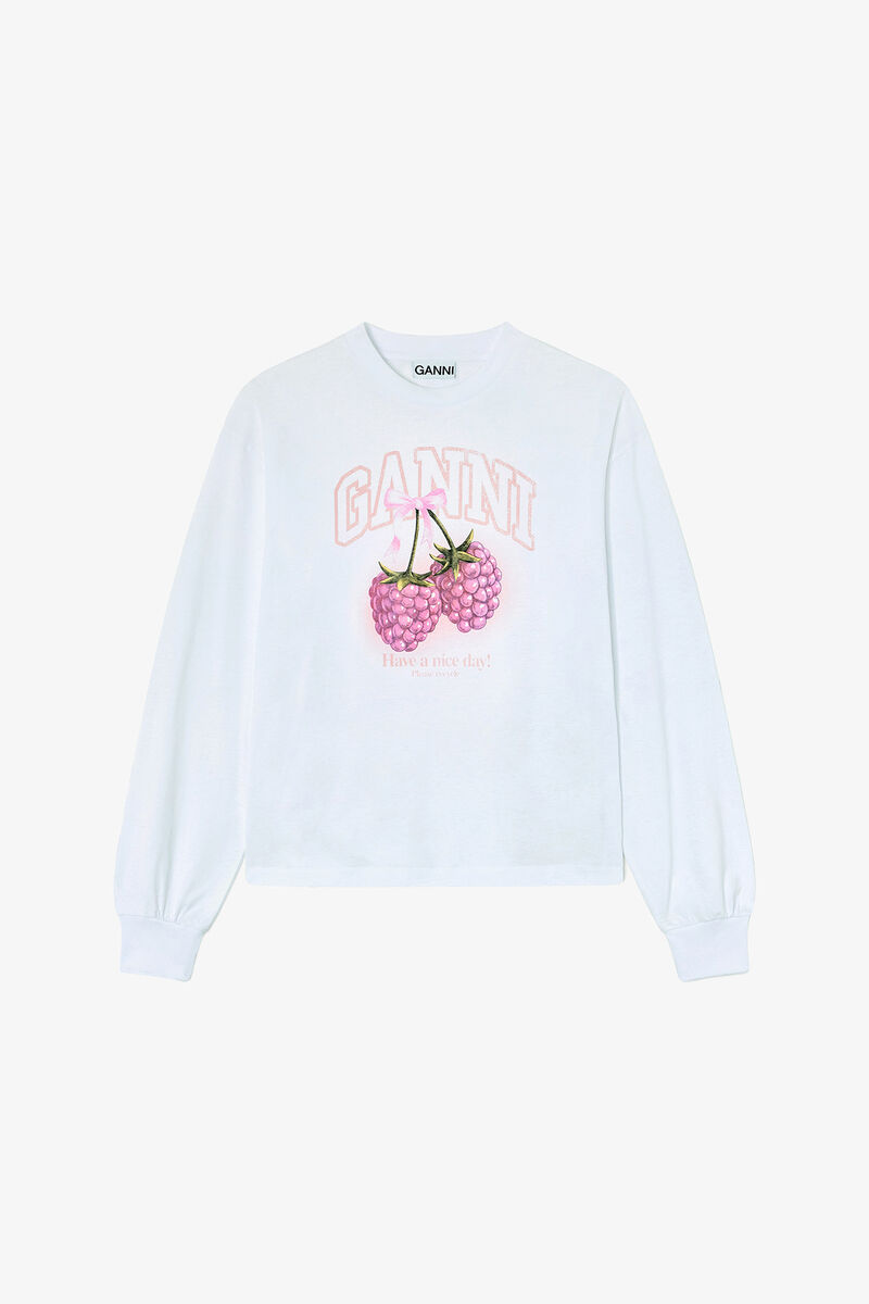 Long-sleeve T-shirt with Raspberries, Organic Cotton, in colour Bright White - 1 - GANNI