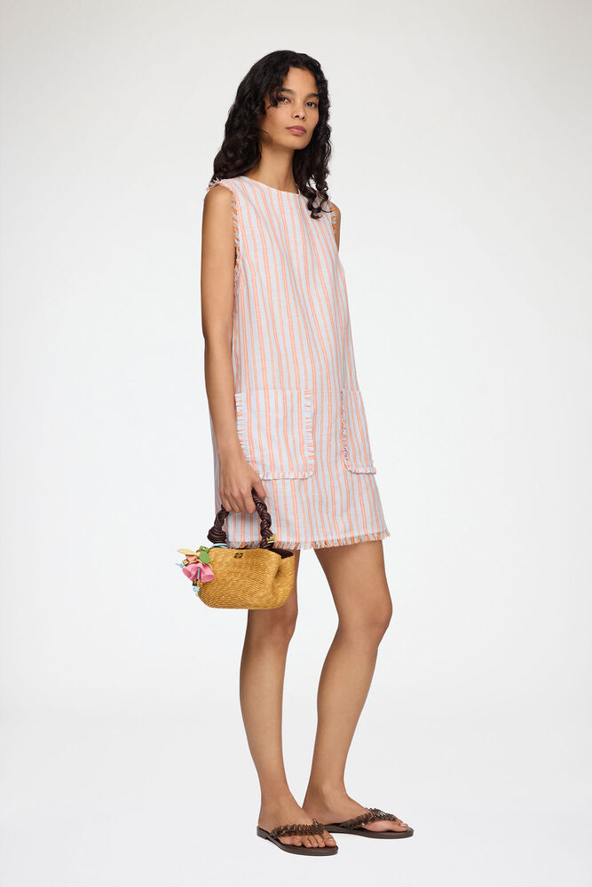 Mini Dress in Striped Linen, Cantaloupe
