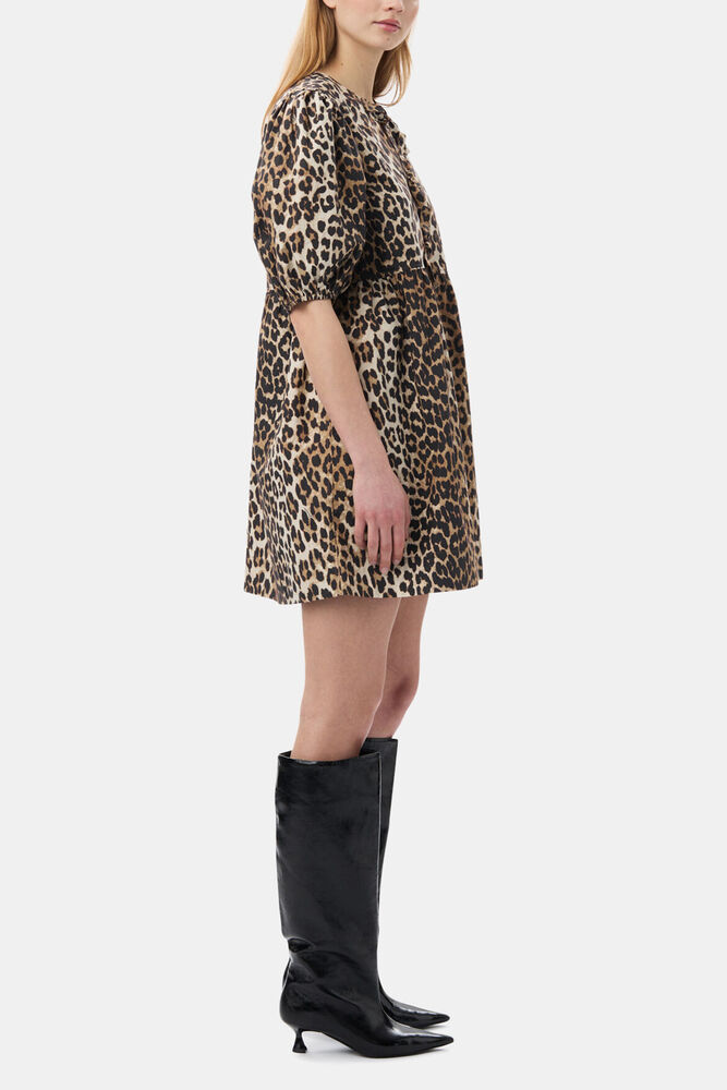Leopard Printed Cotton Tie String Mini Dress, Leopard