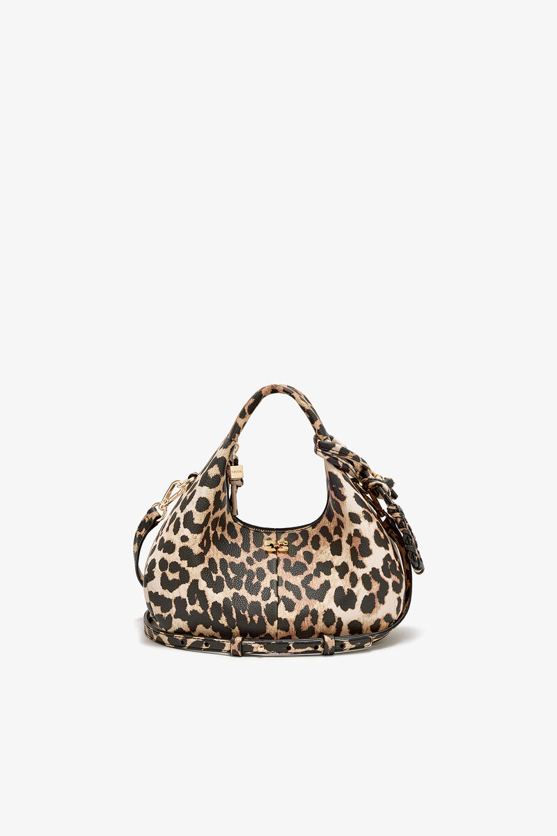 Mini Hobo Bag in Grained Leopard, Recycled Polyester, in colour Almond Milk - 1 - GANNI