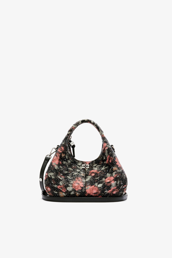 Mini Hobo Bag with Beaded Flower, Black