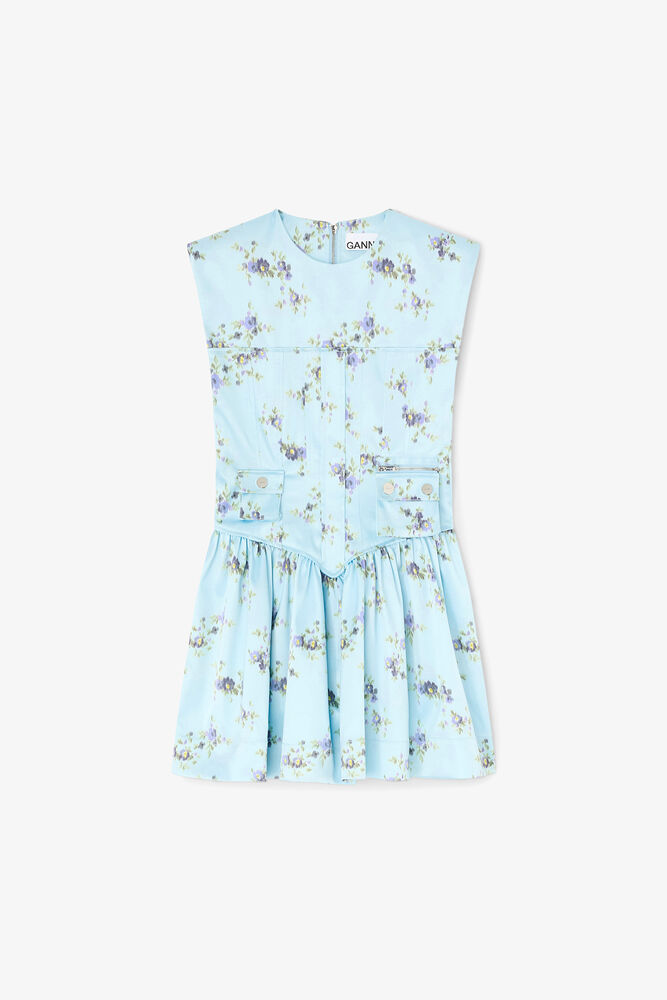 Dress in Printed Satin, Iced Aqua