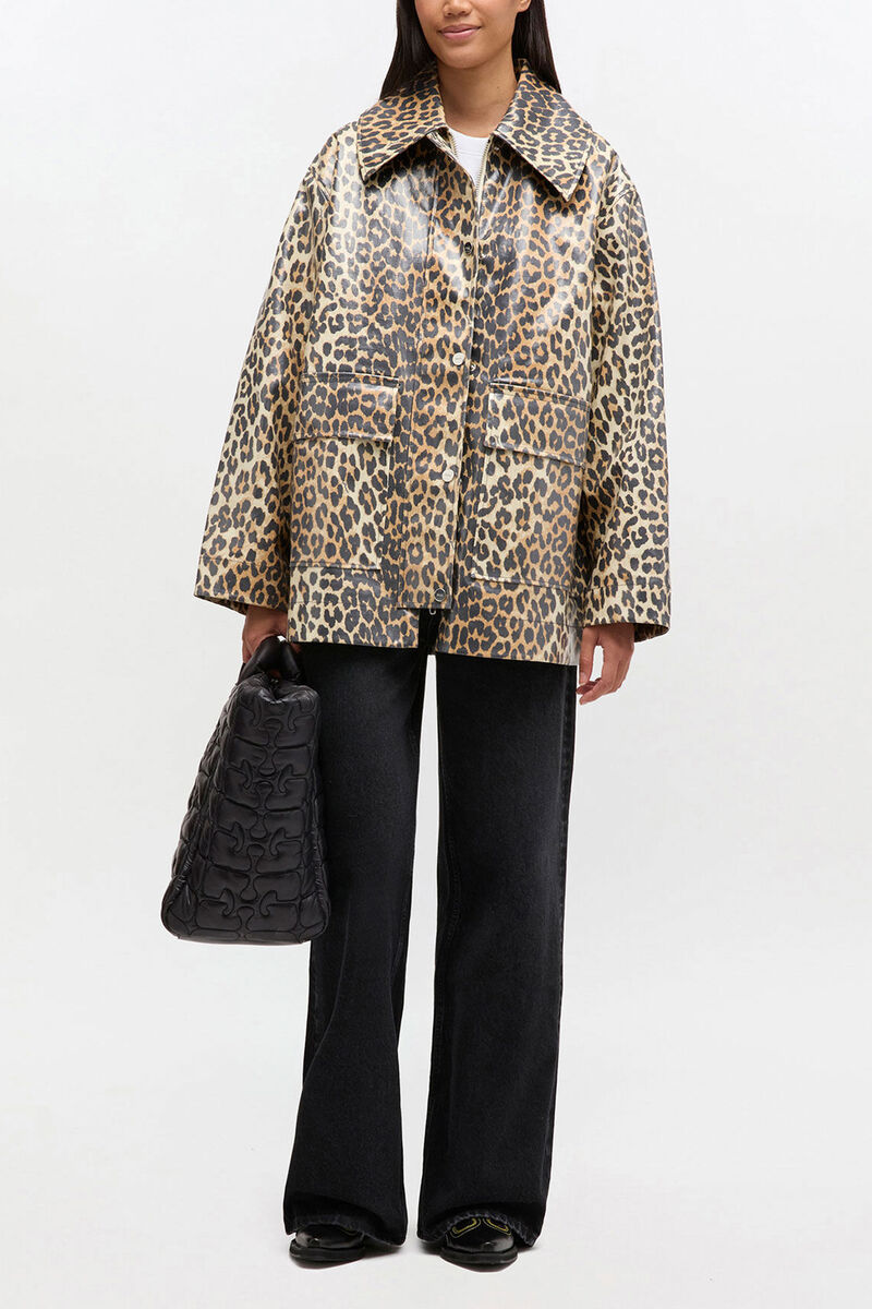 Leopard Laminated Cotton Jacket, Organic Cotton, in colour Almond Milk - 1 - GANNI