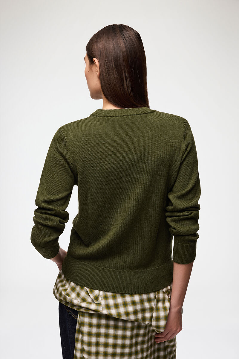 Jumper with Crochet Flower, Wool, in colour Dark Green - 3 - GANNI