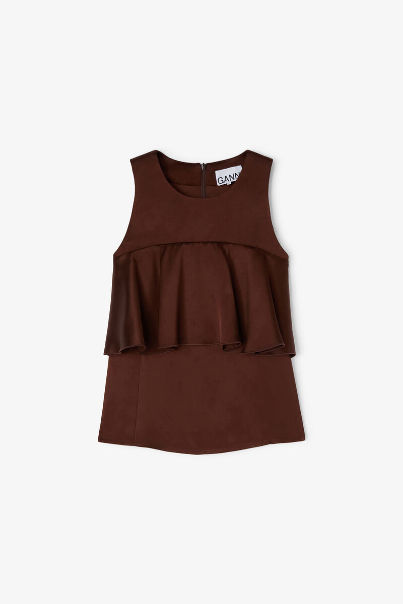 Brown Ruffle Top, Viscose, in colour Chicory Coffee - 1 - GANNI
