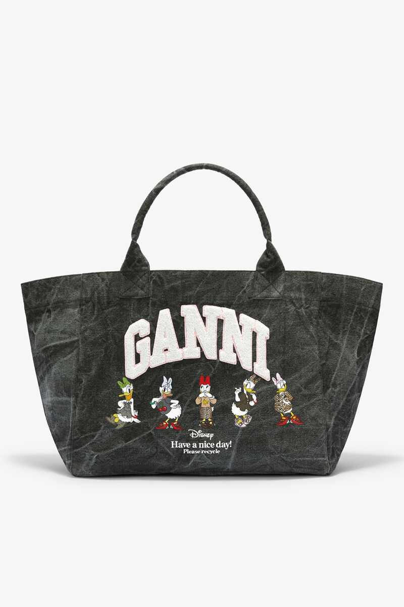 Tote XXL Daisy Duck in Bleached Cotton, Recycled Cotton, in colour Black Oyster - 1 - GANNI