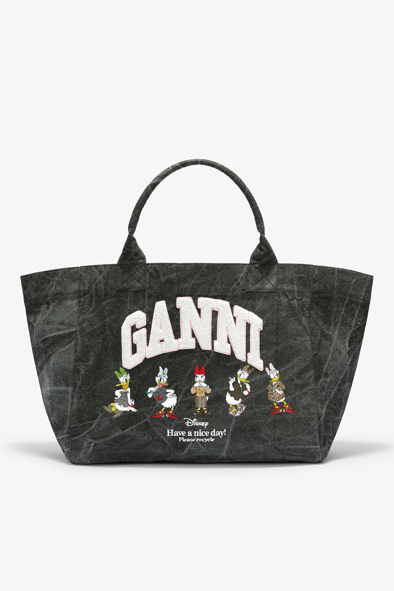 Tote XXL Daisy Duck in Bleached Cotton, Recycled Cotton, in colour Black Oyster - 1 - GANNI