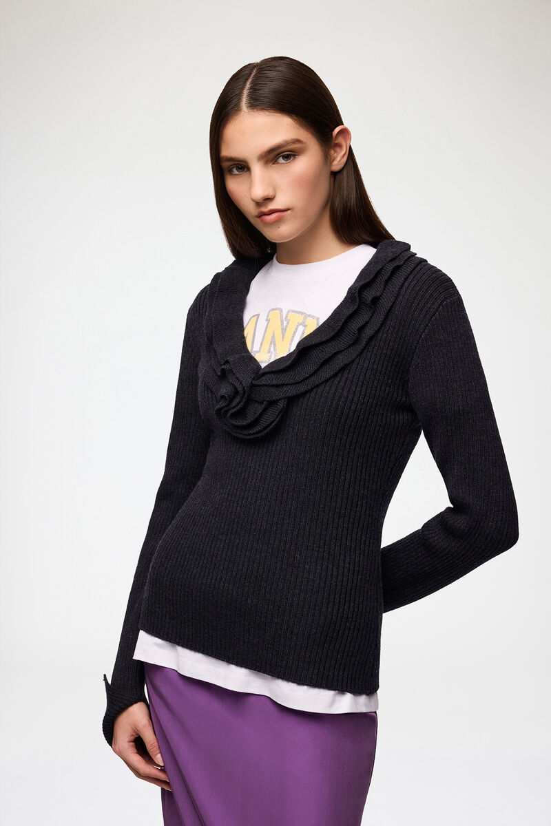 Top in Ribbed Merino, Merino Wool, in colour Phantom - 1 - GANNI