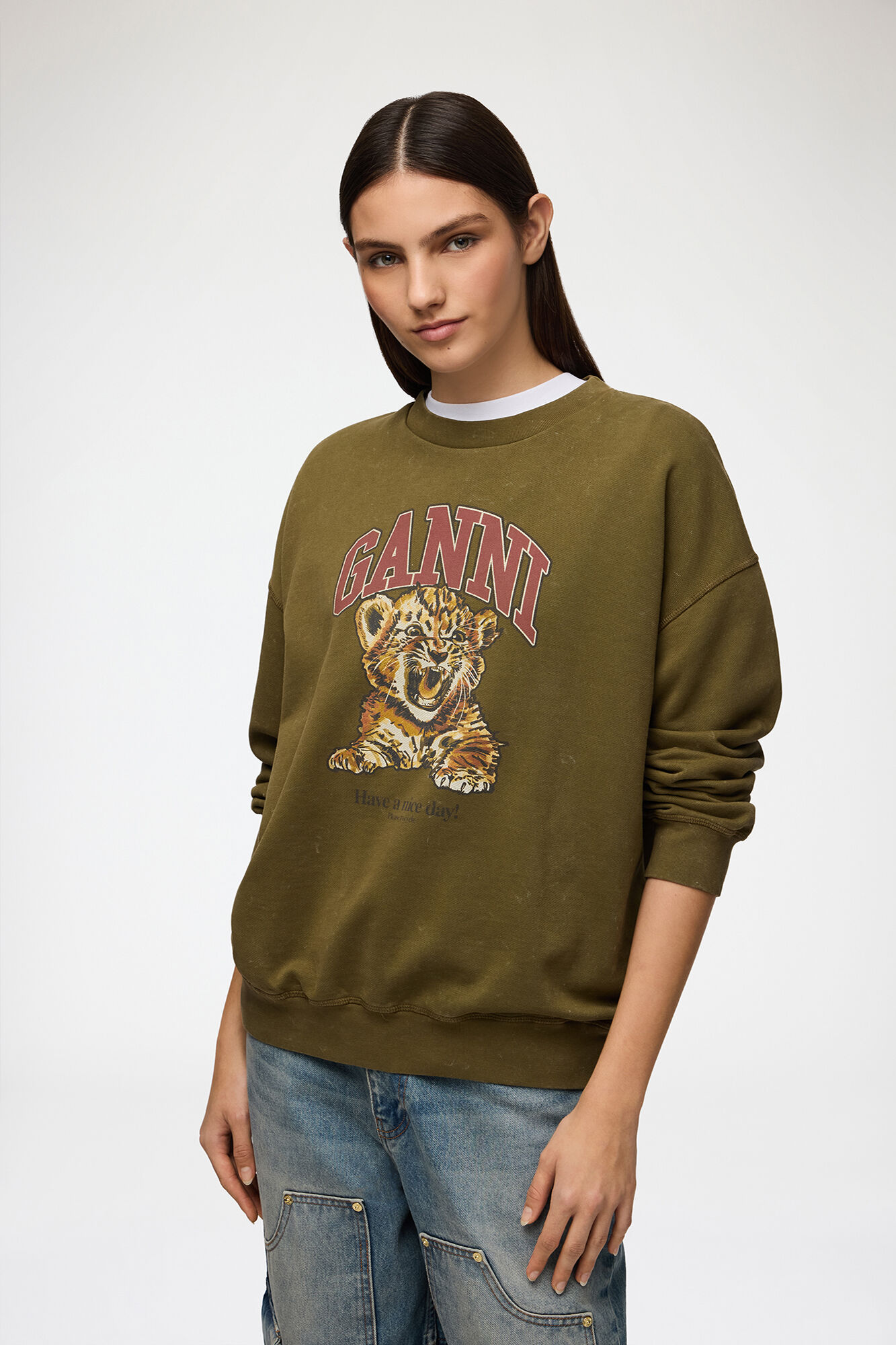 Sweat avec imprimé tigre, Organic Cotton, in colour Military Olive - 1 - GANNI