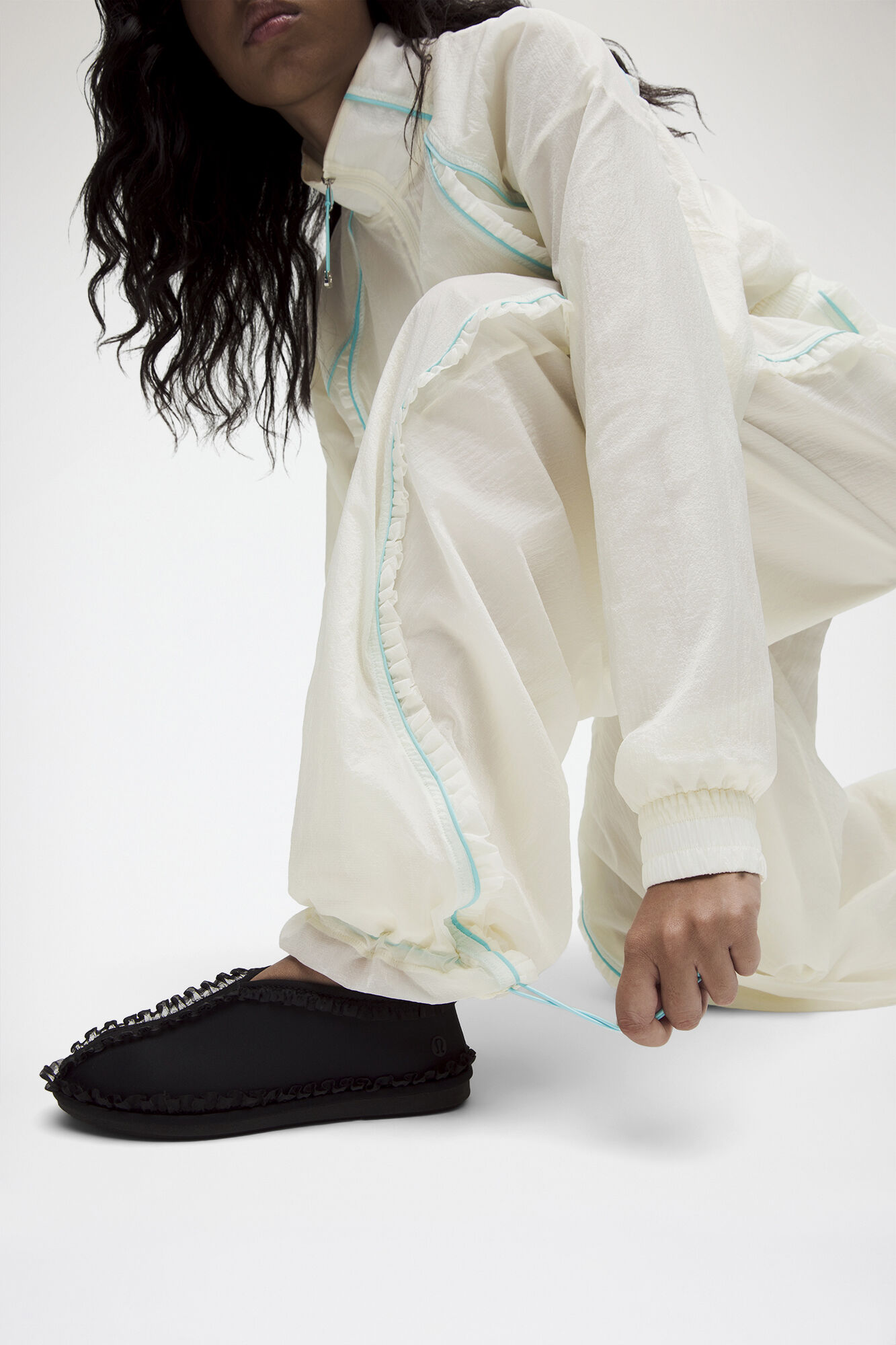 Ruffle-Trim Textured MR Pants, Recycled Polyamide, in colour Coconut Ivory - 5 - GANNI