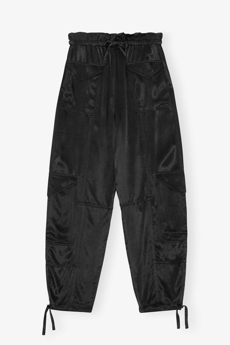 Trousers in Black Washed Satin, LENZING™ ECOVERO™, in colour Black - 1 - GANNI