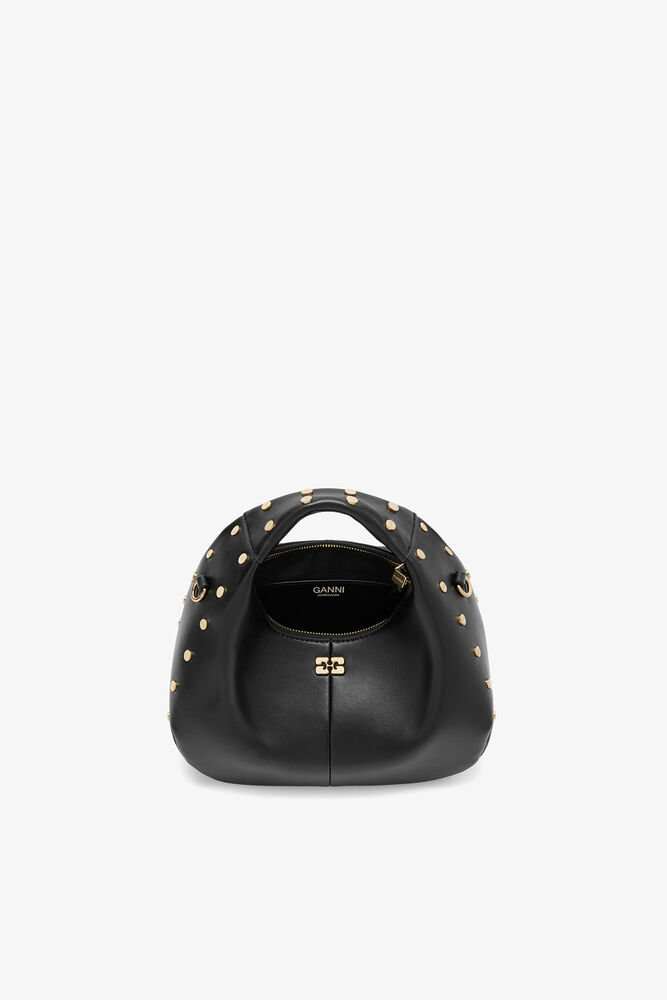 Mini Hobo Bag with Studs in Black, Black