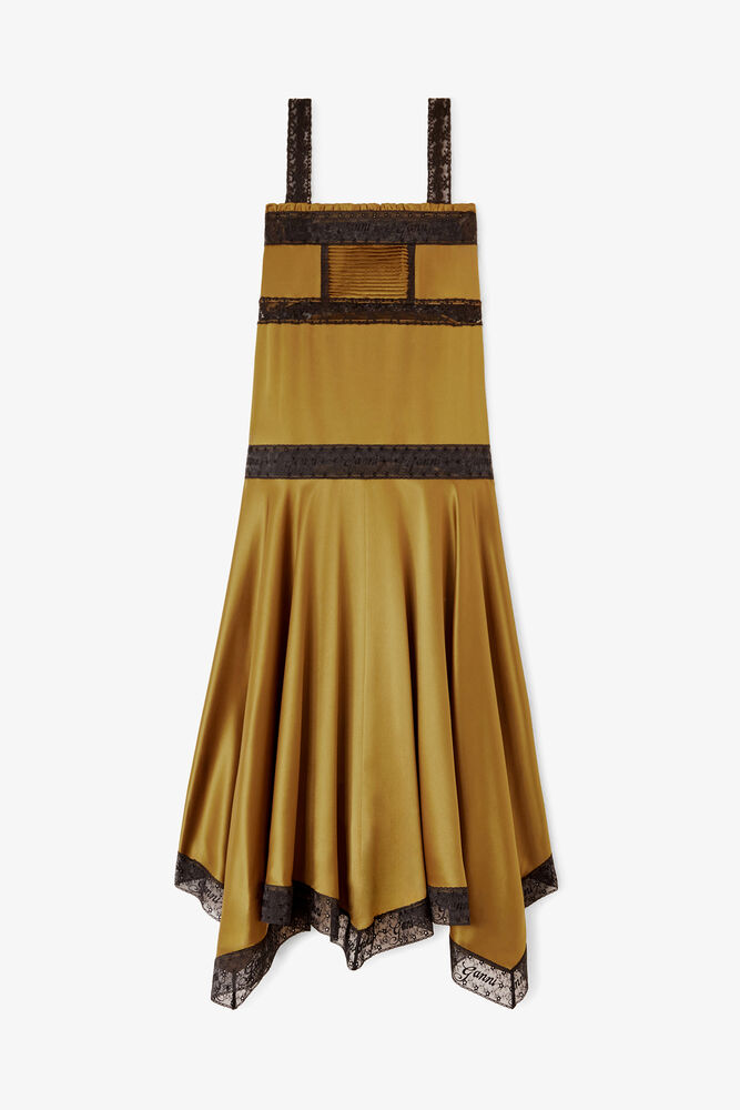 Dress in Green Silk Satin, Ecru Olive