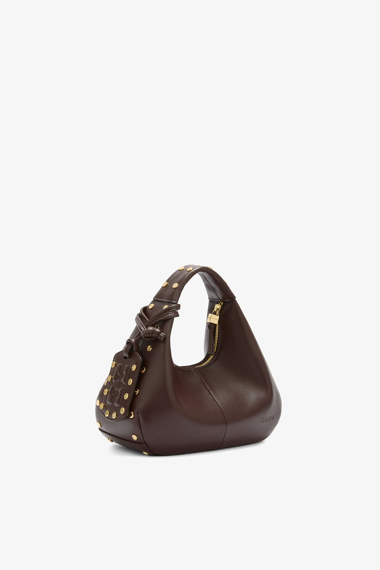 Mini Hobo Bag with Studs in Brown, Recycled Leather, in colour Chicory Coffee - 2 - GANNI