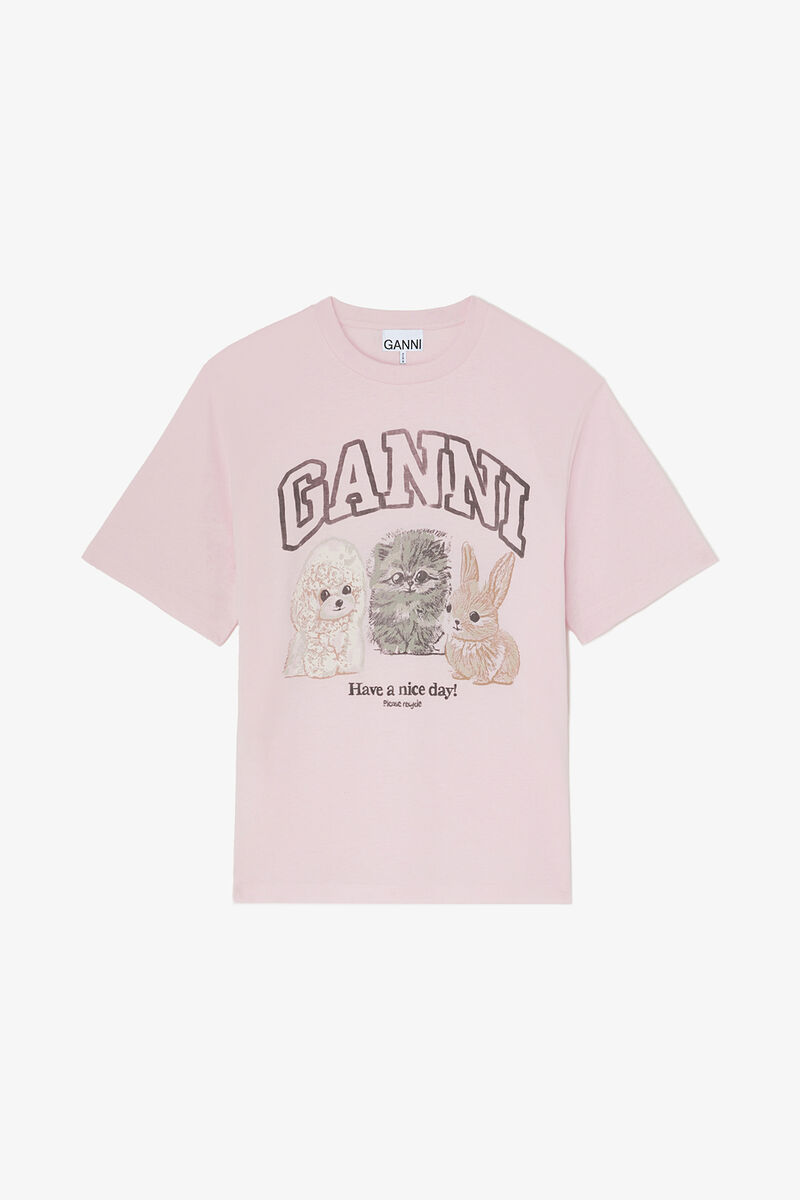 T-shirt with Animals, Organic Cotton, in colour Chalk Pink - 1 - GANNI