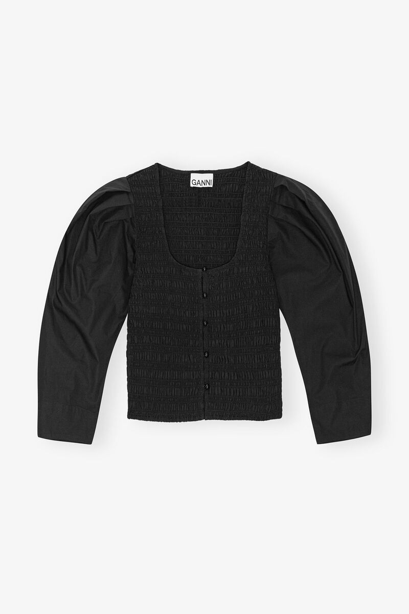 Black Cotton Poplin Smock Blouse, Organic Cotton, in colour Black - 1 - GANNI