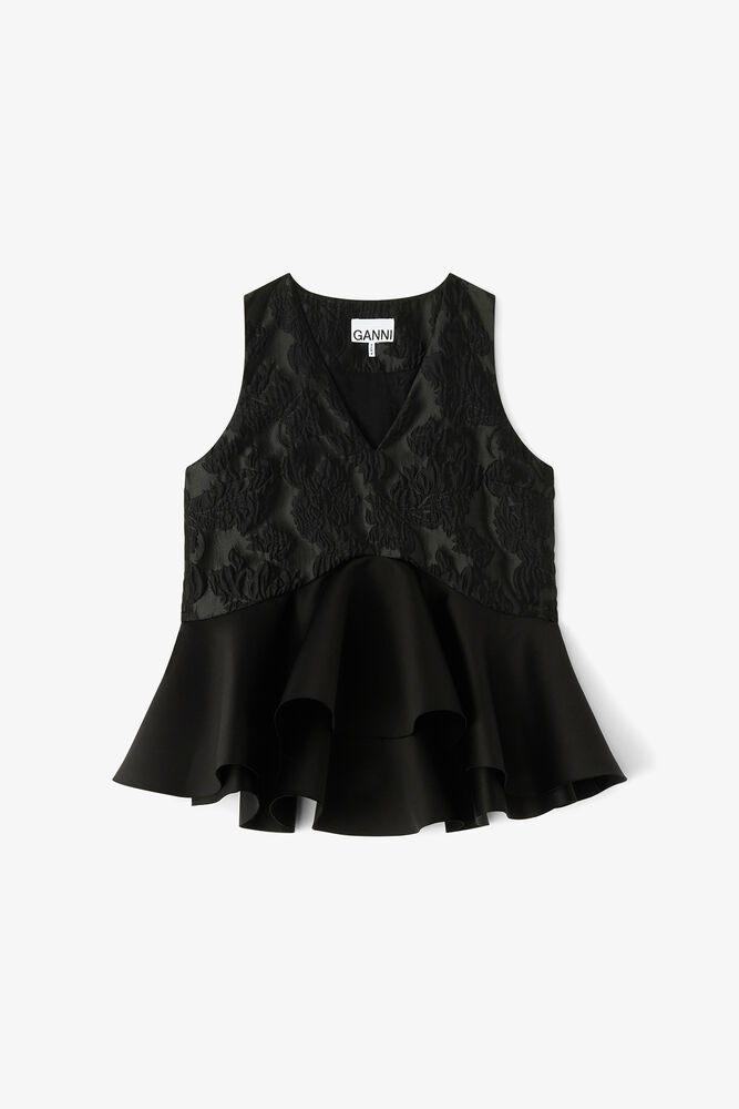 Satin Cloque Peplum Top, Black