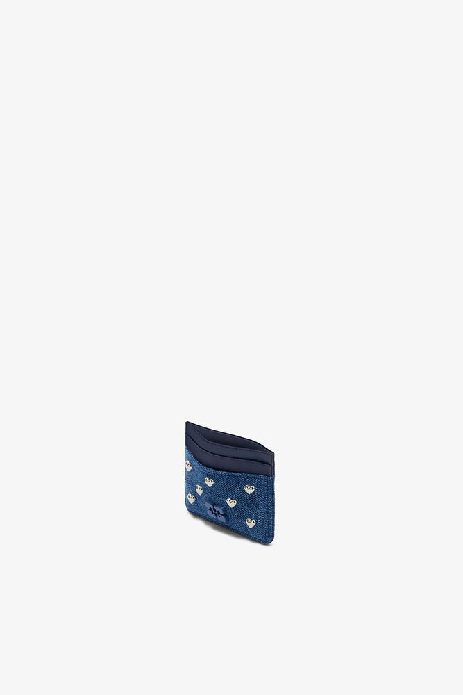 Bou Card Holder with Heart Studs in Denim, Faded Denim