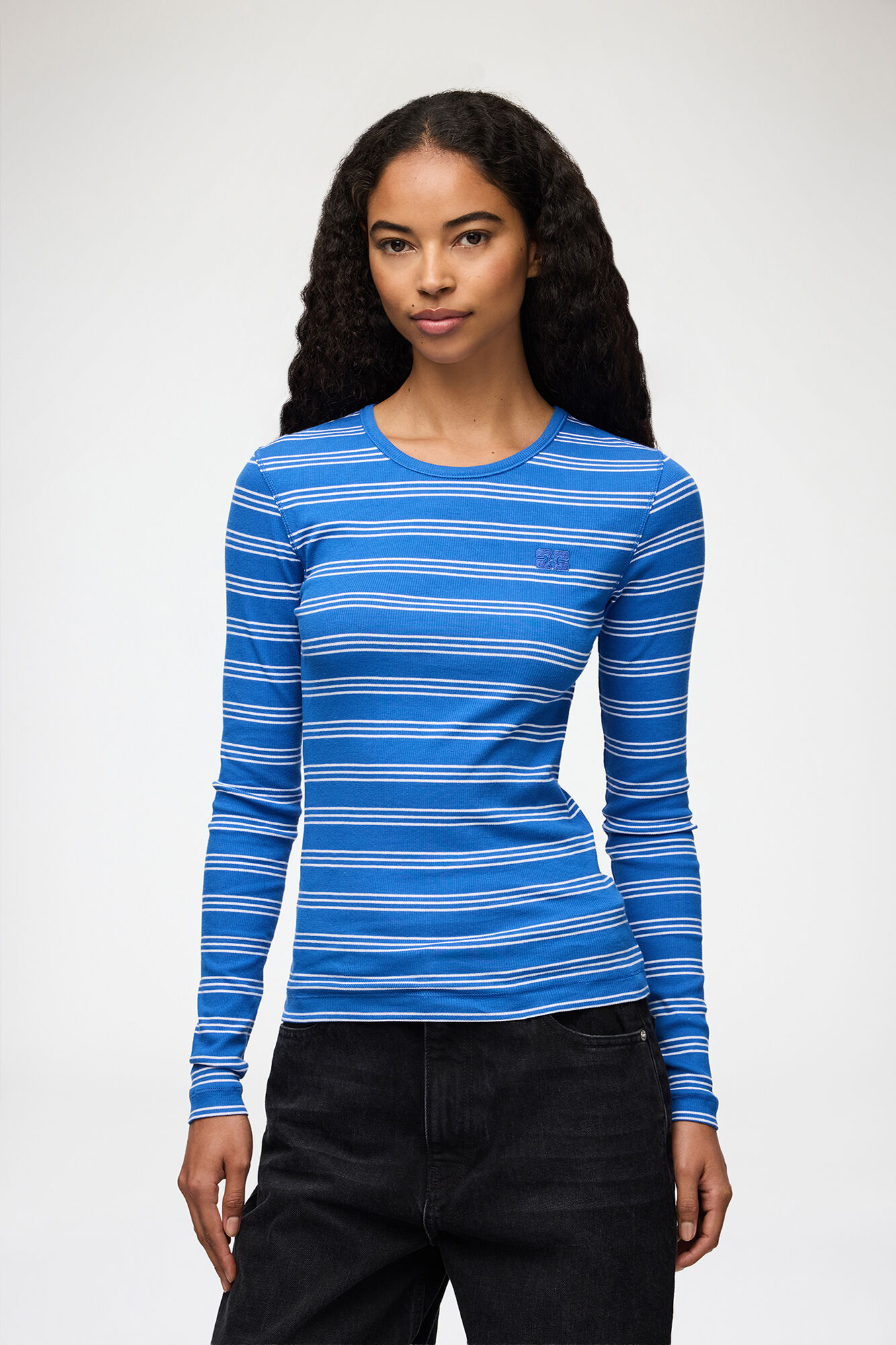 Long-sleeve Top with Stripes, Organic Cotton, in colour Nouvean Navy - 1 - GANNI
