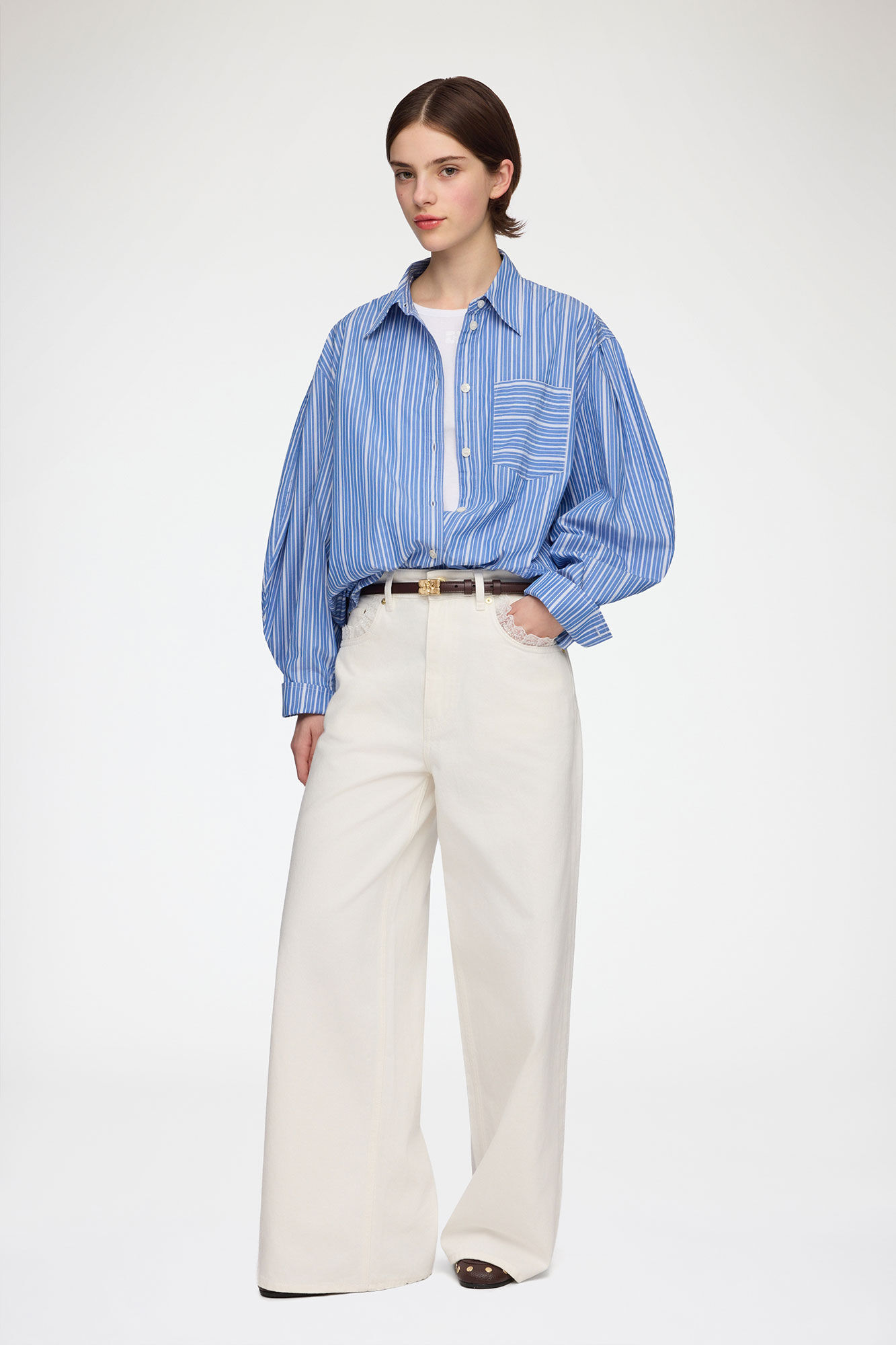 Shirt in Striped Cotton, Organic Cotton, in colour Nouvean Navy - 2 - GANNI