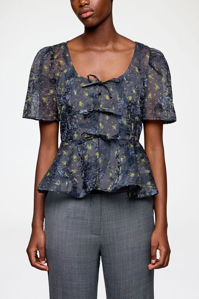 Peplum Blouse in Shibori Organza, Black Sand