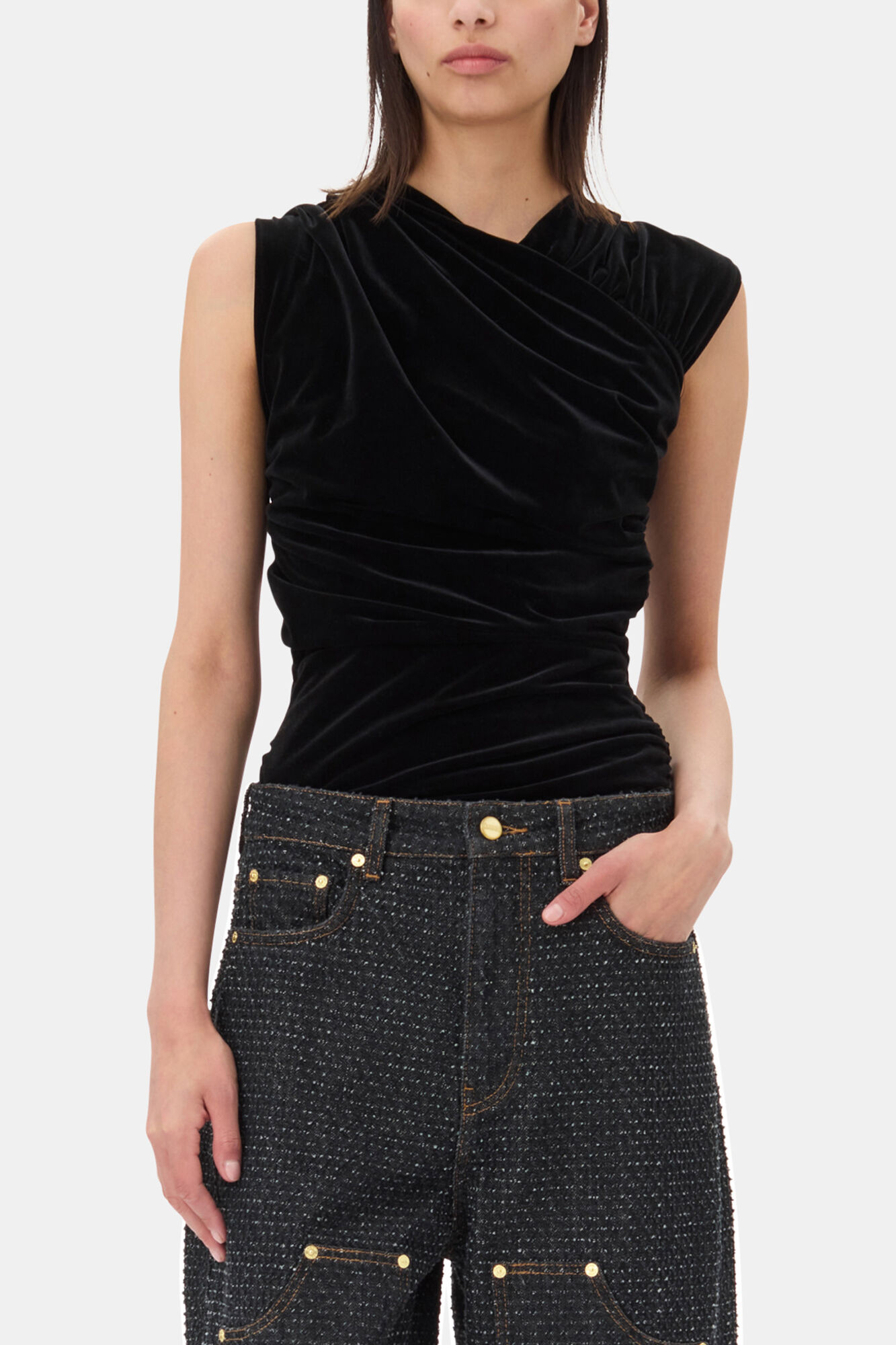 Black Velvet Ruched Top, Recycled Polyester, in colour Black - 1 - GANNI