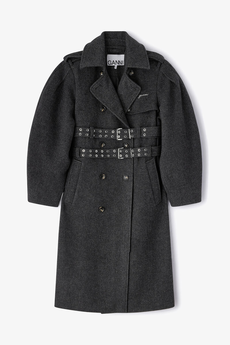 Wool Trench Coat, Wool, in colour Phantom - 1 - GANNI