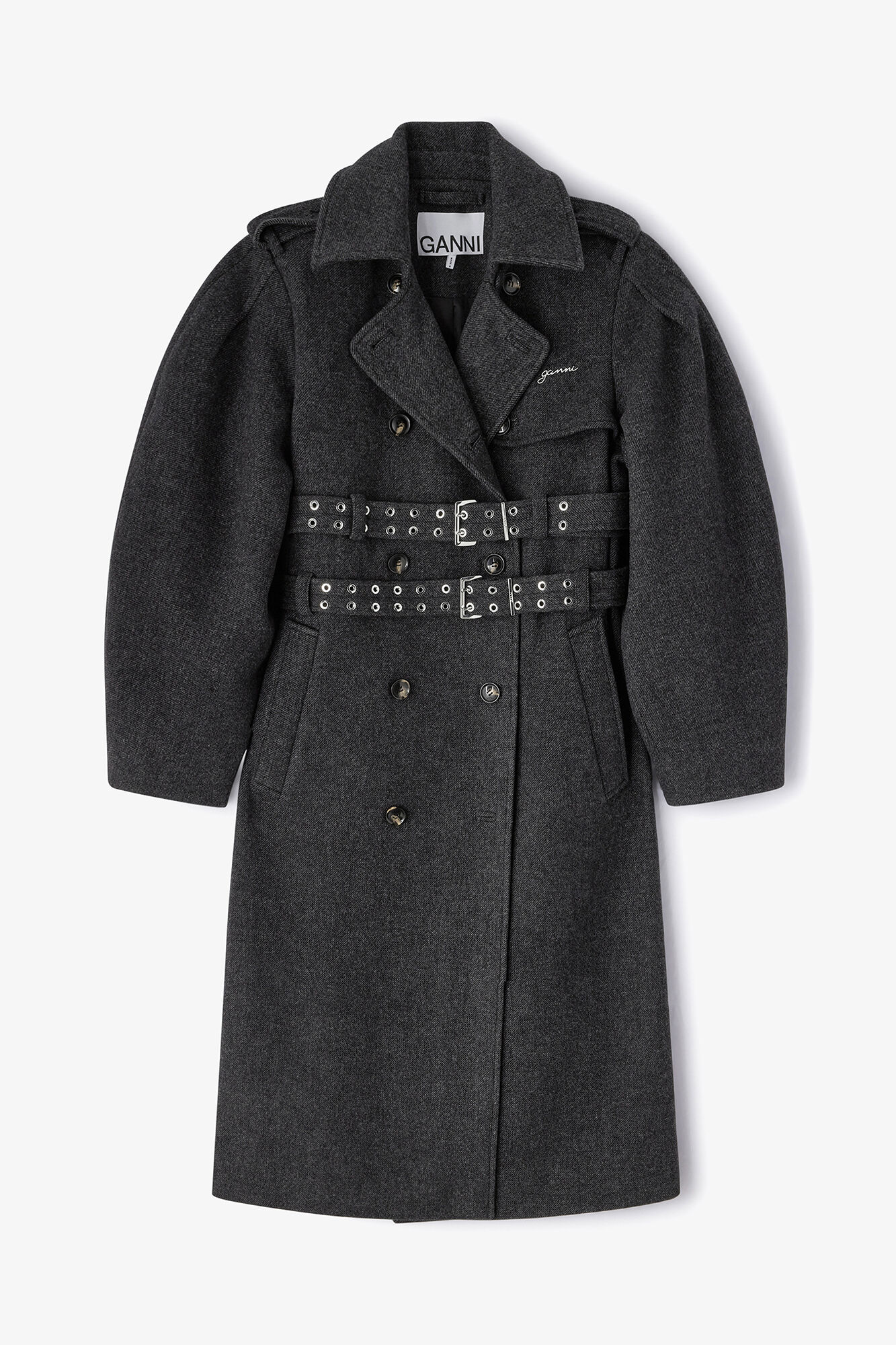 Wool Trench Coat, Wool, in colour Phantom - 1 - GANNI