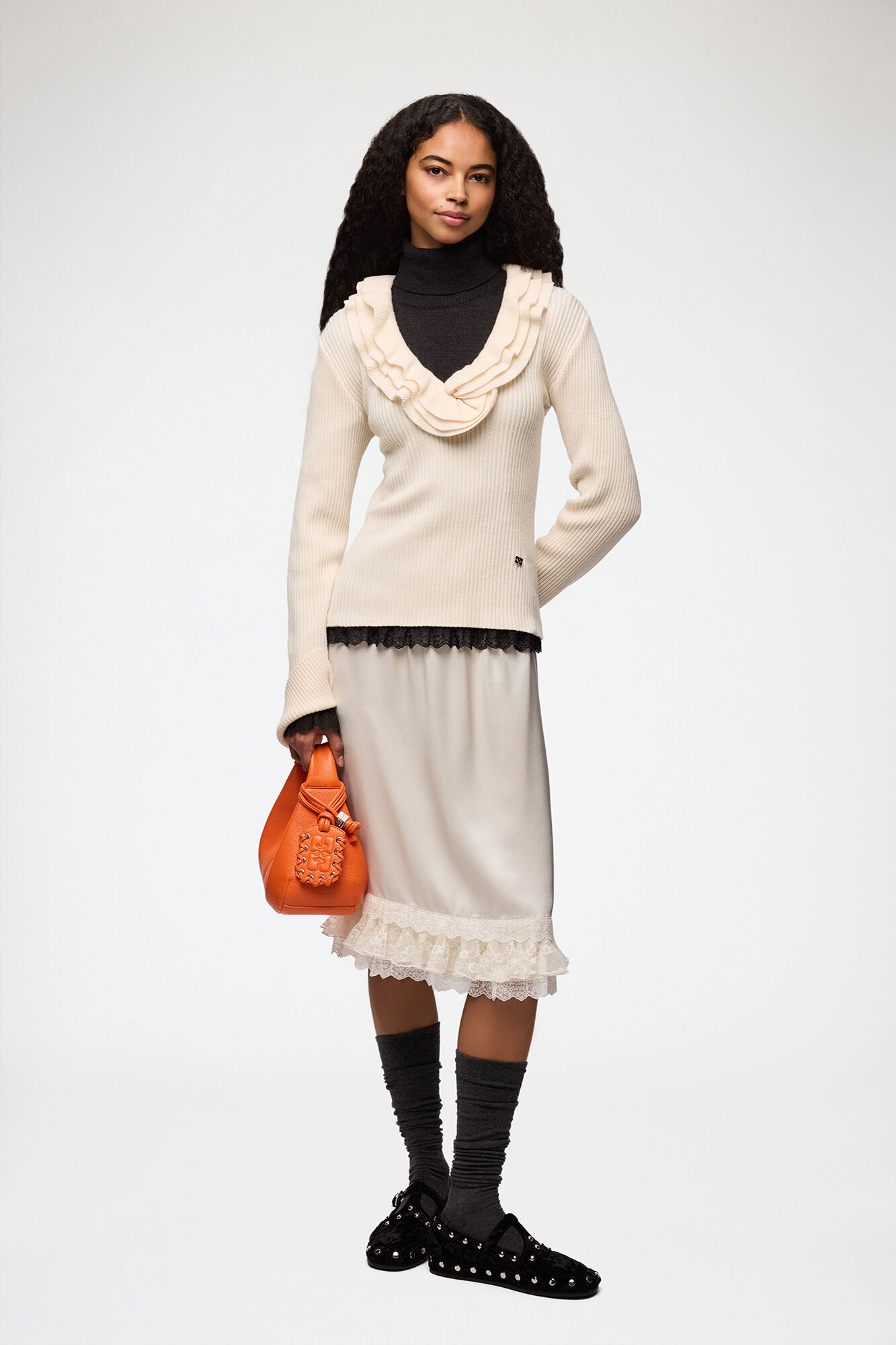 Mini Hobo Bag in Grained Orange, Recycled Polyester, in colour Russet Orange - 1 - GANNI