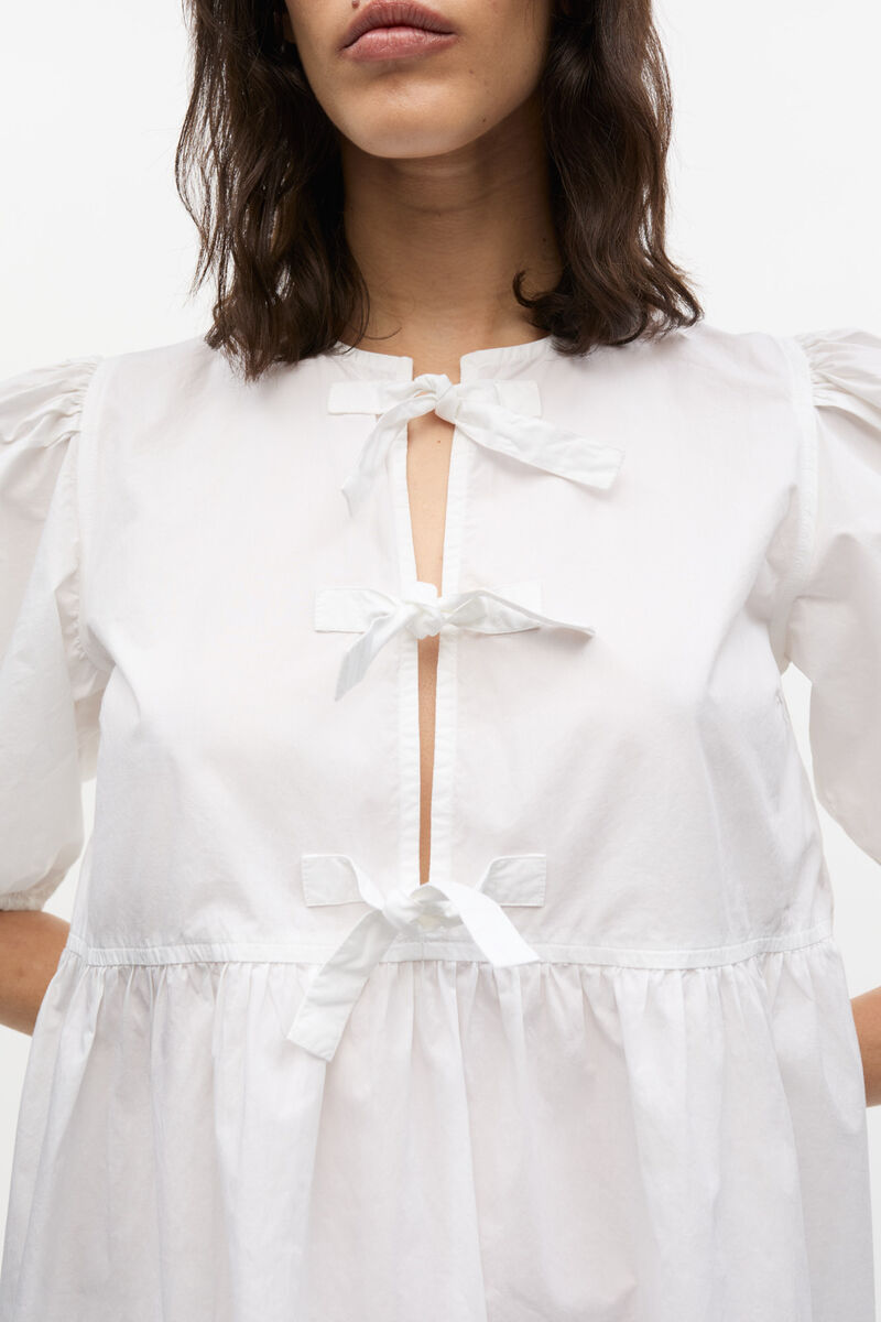 White Cotton Poplin Tie String Mini Dress, Organic Cotton, in colour Bright White - 1 - GANNI