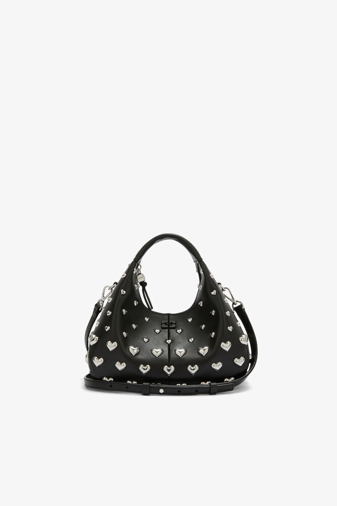 Mini Hobo Bag with Heart Studs in Black, Black