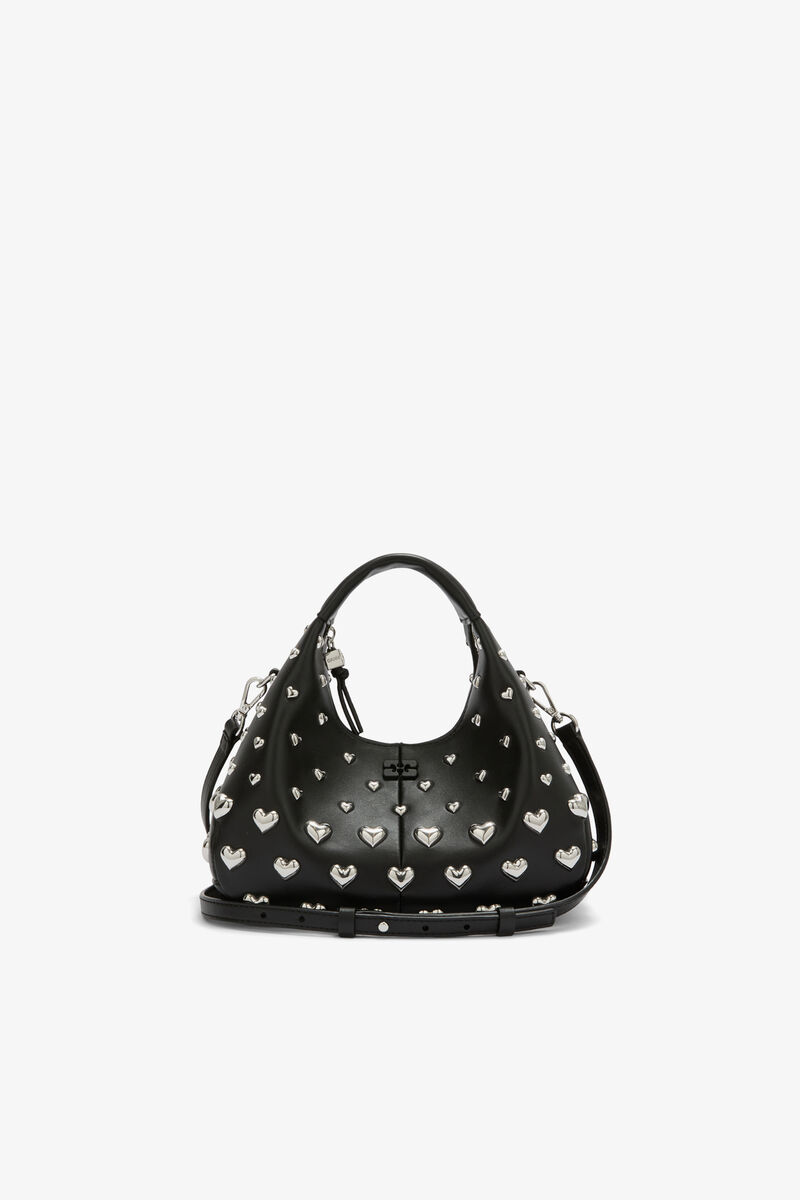 Mini Hobo Bag with Heart Studs in Black, Recycled Leather, in colour Black - 1 - GANNI
