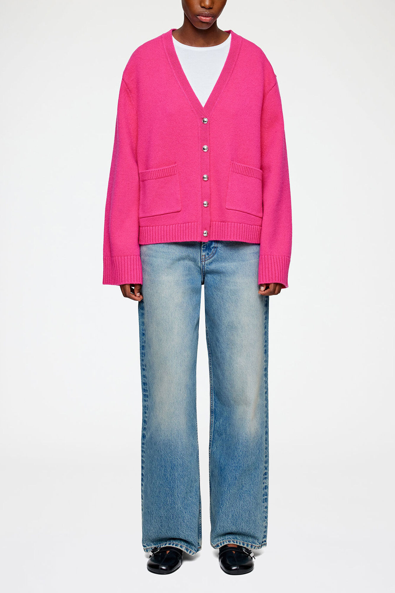 Klassisk cardigan i ull, Wool, in colour Fuchsia Purple - 1 - GANNI