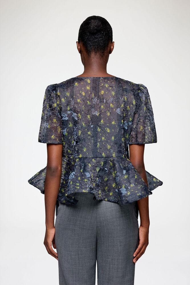 Peplum Blouse in Shibori Organza, Black Sand
