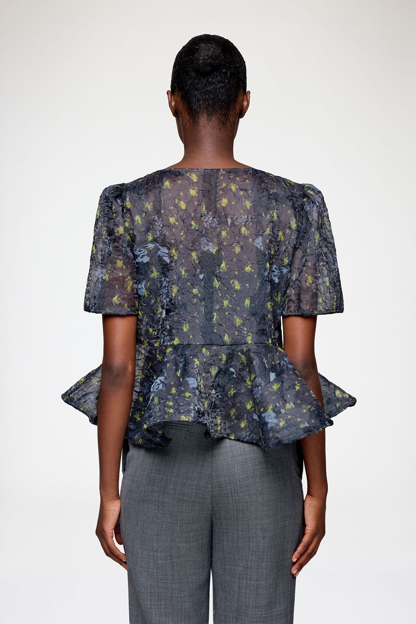 Peplum Blouse in Shibori Organza, Recycled Polyester, in colour Black Sand - 3 - GANNI