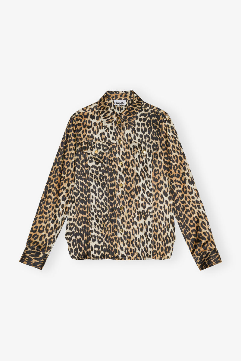 Leopard Print Satin Shirt, Viscose, in colour Leopard - 1 - GANNI