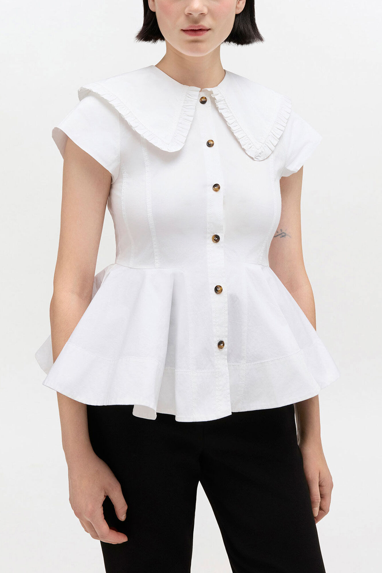 Short Cotton Ruffle Shirt, Organic Cotton, in colour Bright White - 1 - GANNI