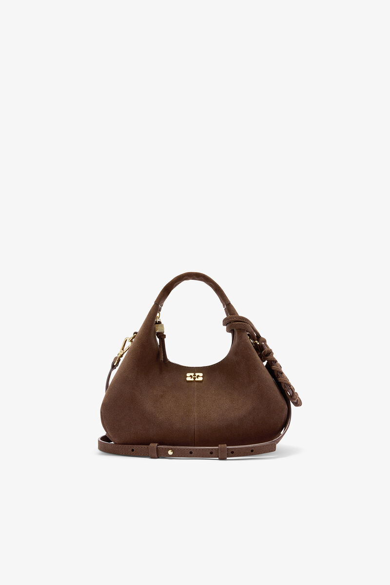 Mini Hobo Bag in Brown Suede, Recycled Leather, in colour Chicory Coffee - 1 - GANNI