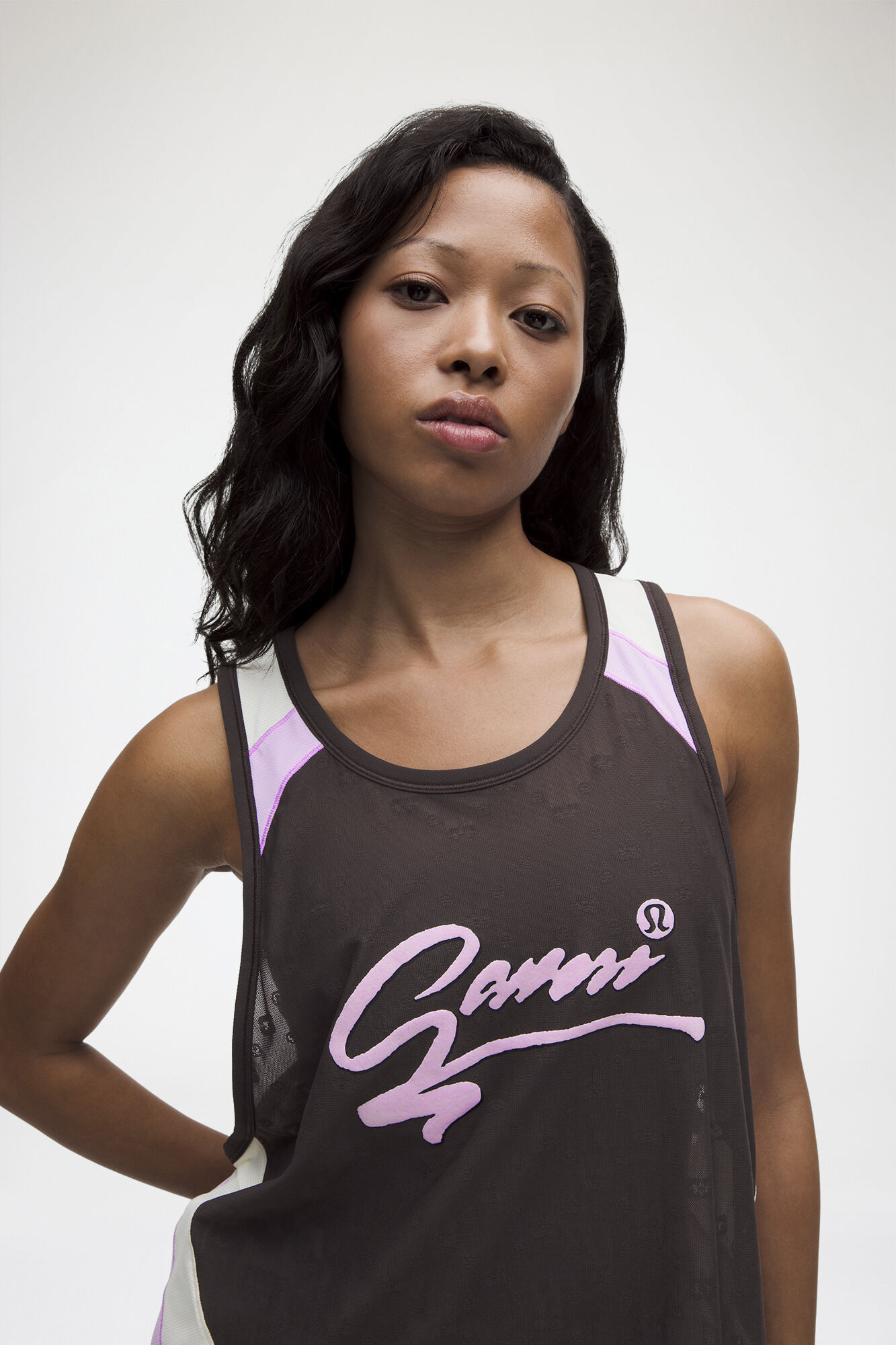 Jacquard Mesh Tank, Recycled Polyamide, in colour Espresso - 4 - GANNI