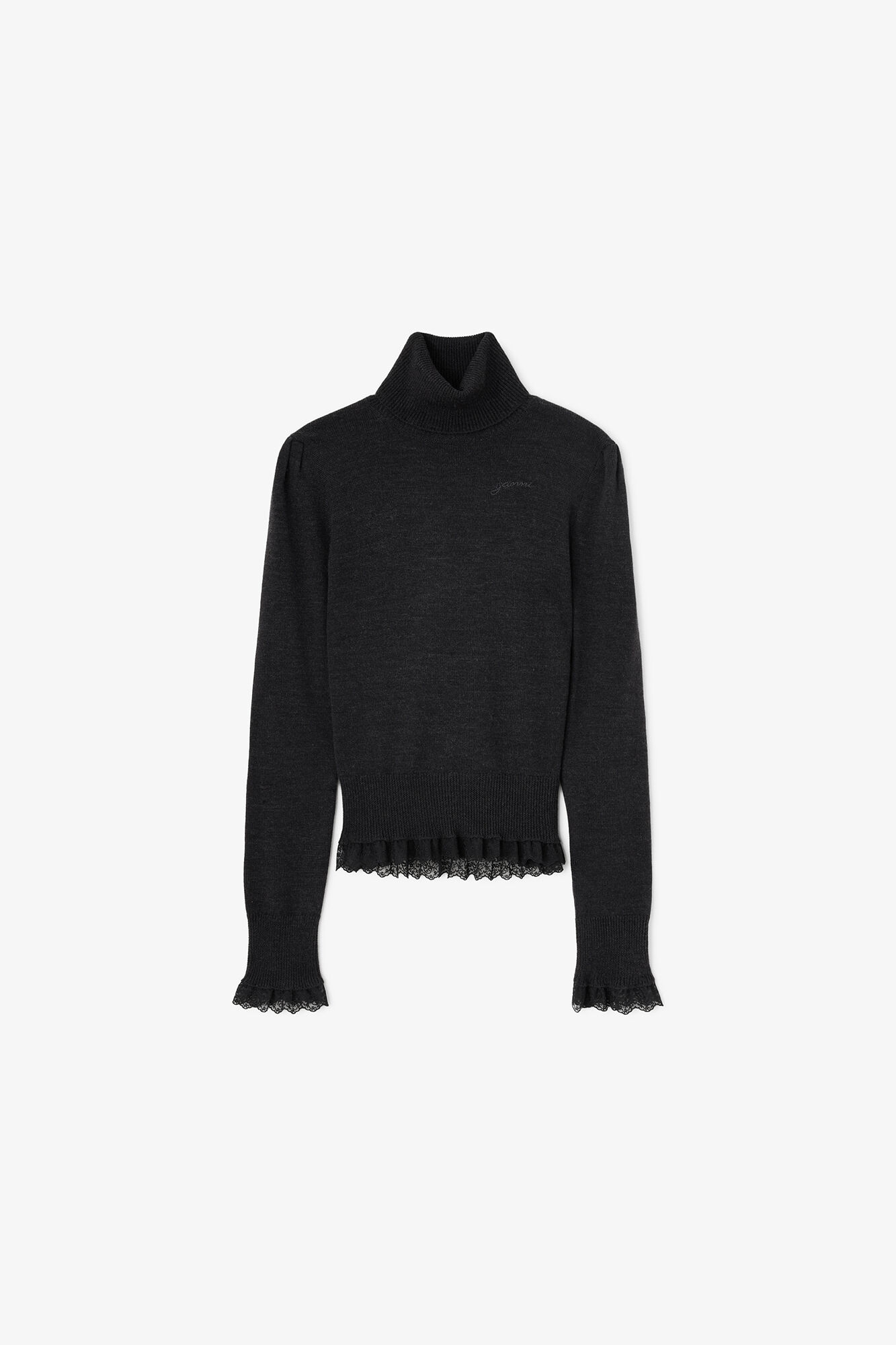 Rollkragenpullover aus Spitzenmerinowolle, Merino Wool, in colour Phantom - 1 - GANNI