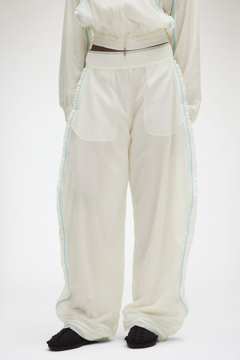 Ruffle-Trim Textured MR Pants, Recycled Polyamide, in colour Coconut Ivory - 2 - GANNI