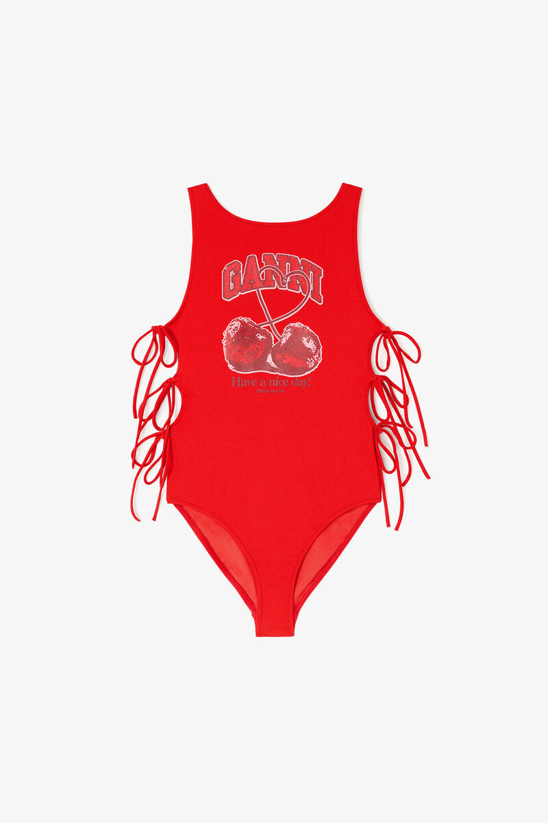 Swimsuit with Cherry, Recycled Polyamide, in colour High Risk Red - 1 - GANNI