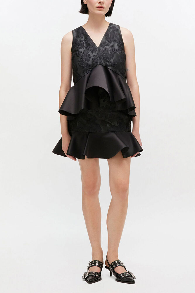 Satin Cloque Peplum Top, Black
