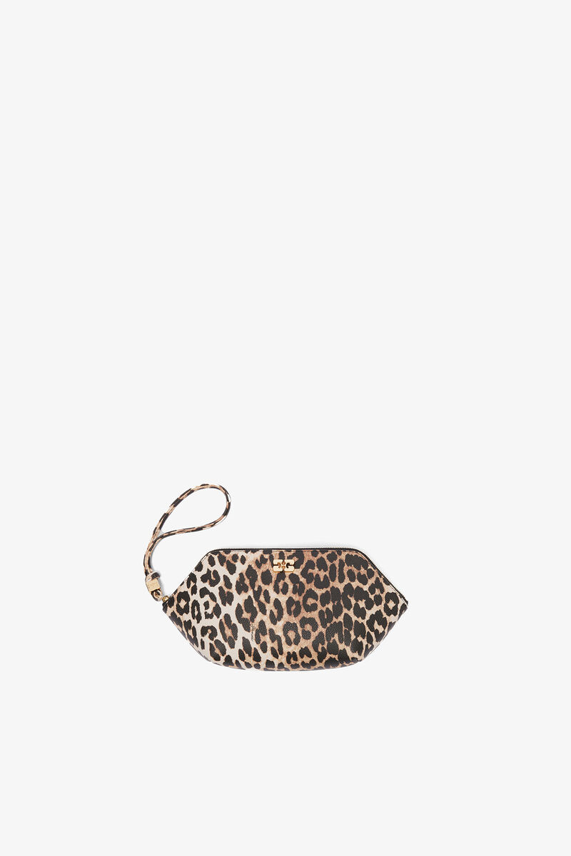 Bou Make-Up Pouch in Grained Leopard, Recycled Polyester, in colour Almond Milk - 1 - GANNI