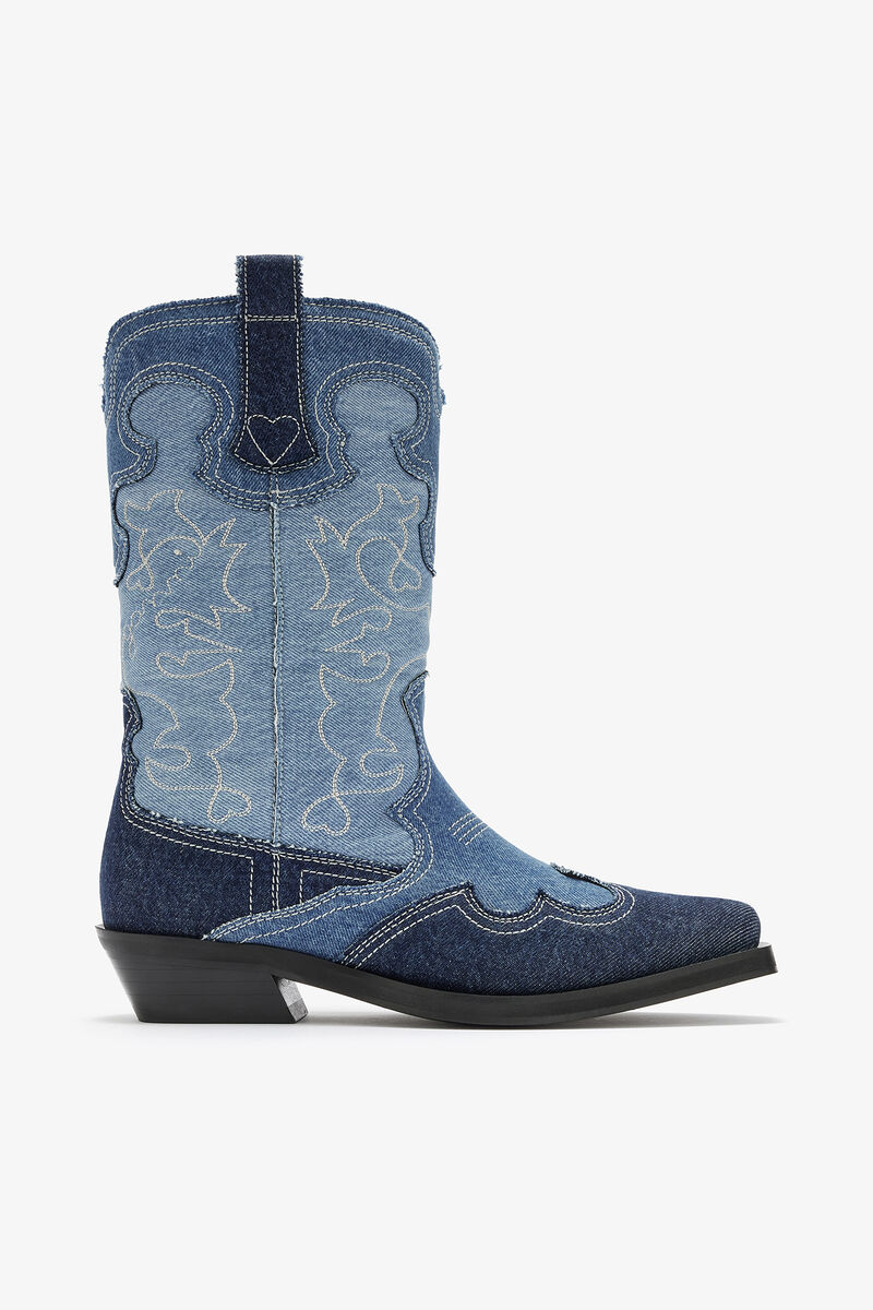 Mid Shaft Embroidered Western Boots in Denim, Organic Cotton, in colour Mid Blue Vintage - 1 - GANNI