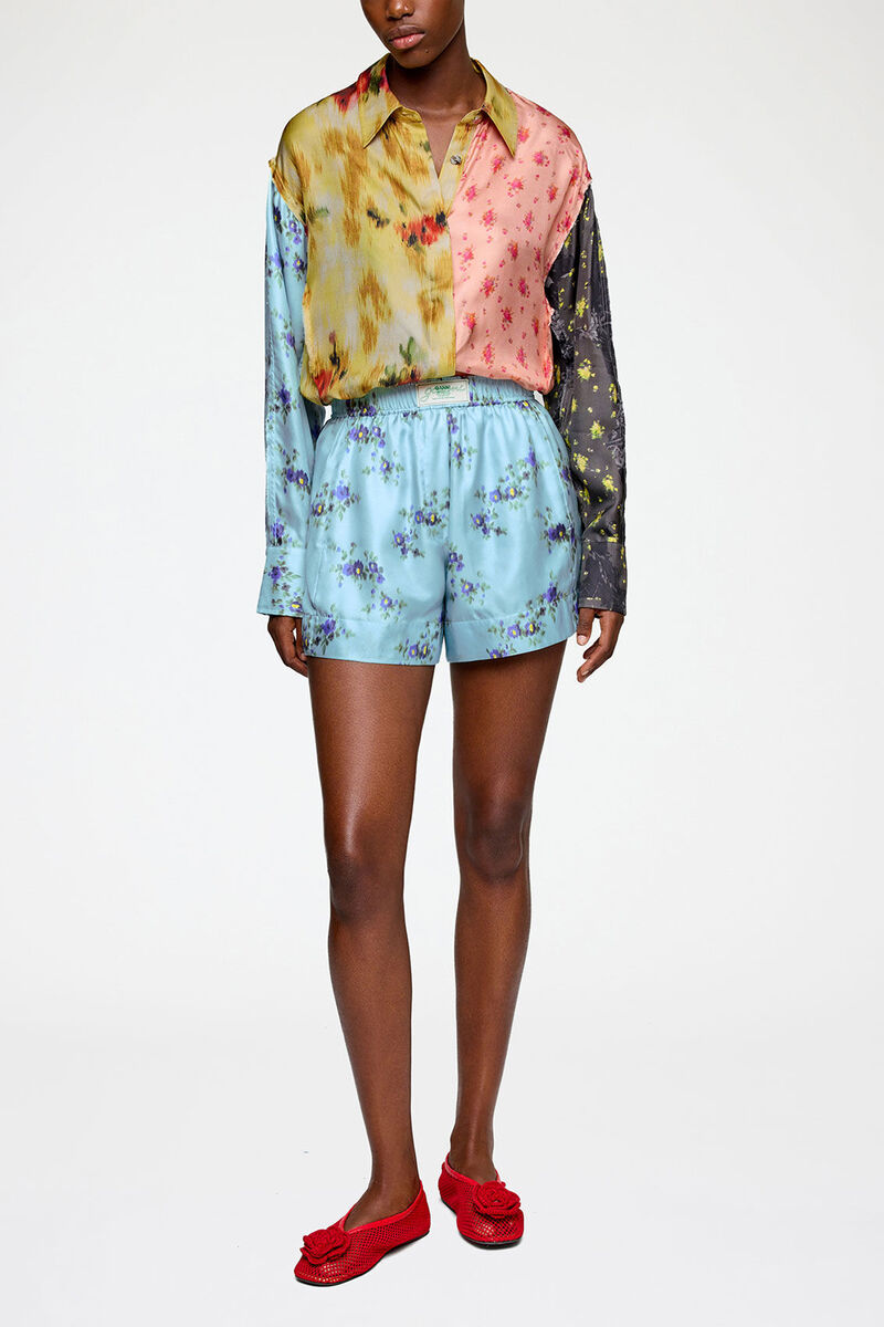 Shorts in Printed Silk, Organic Wool, in colour Iced Aqua - 1 - GANNI