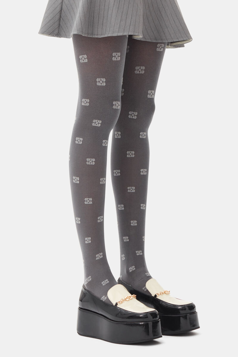 Grey Glitter Butterfly Lace Tights, Recycled Polyamide, in colour Dark Silver - 1 - GANNI