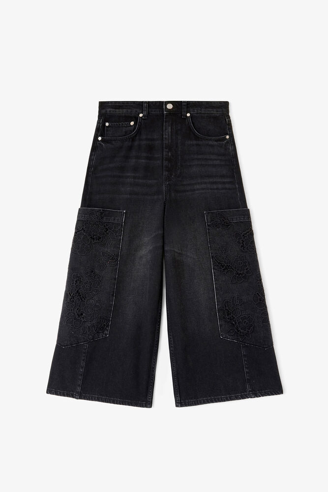 Cropped Cargo Jeans in Black Denim, Black Washed