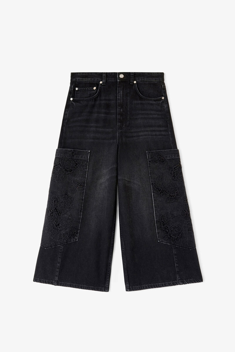 Cropped cargo jeans i sort denim, Organic Cotton, in colour Black Washed - 1 - GANNI